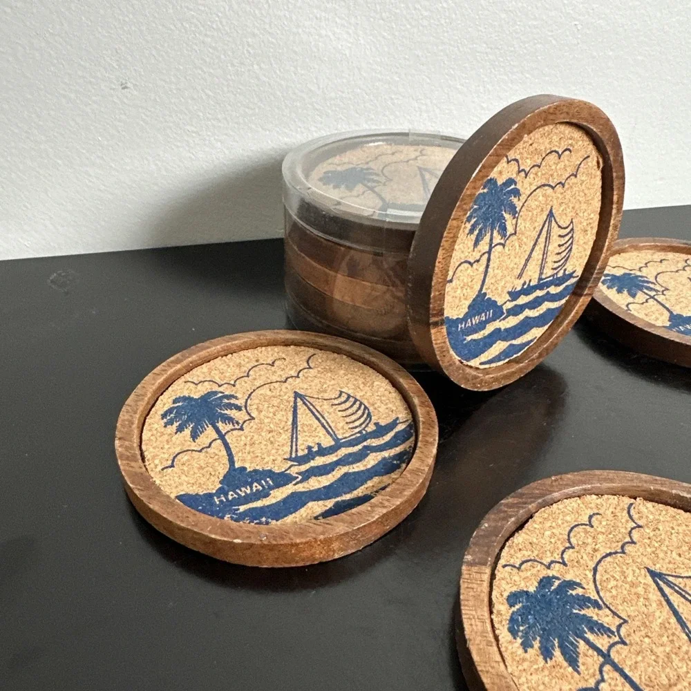 Vintage Souvenir Cork & Wood Coasters Hawaii Lot of 10 Round Beach Sailboat